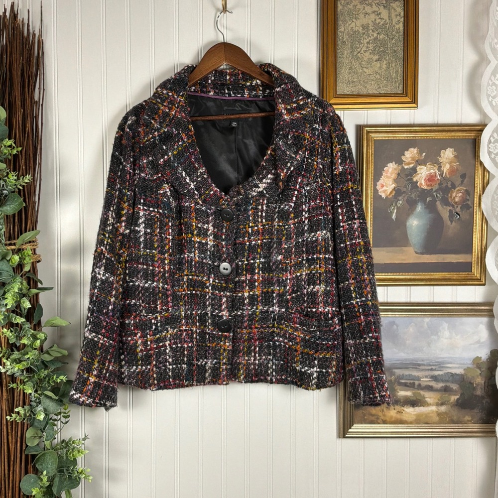 Dialogue Tweed Blazer Womens 20W Multicolor Excellent Plaid Button Up Jacket